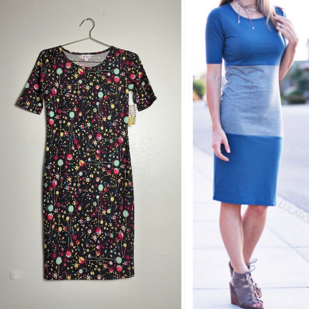 Lularoe Julia Bodycon Dress Women's Size XXS Black Abstract Floral Print